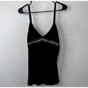 Y2K Velvet Tank Top Cami L Black Rhinestone Trim Babydoll Empire Velour Bling